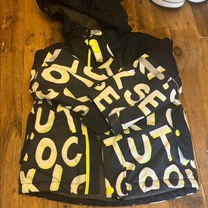Mini Boden Kids Puffer Jacket - Black with Yellow and White Letters